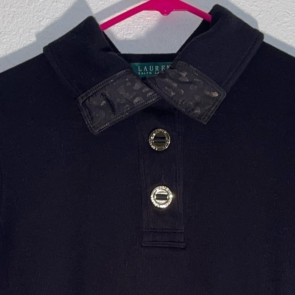 Lauren, Ralph Lauren Black 1/4 gold tone button collared pullover. Size Med GUC - Picture 6 of 8